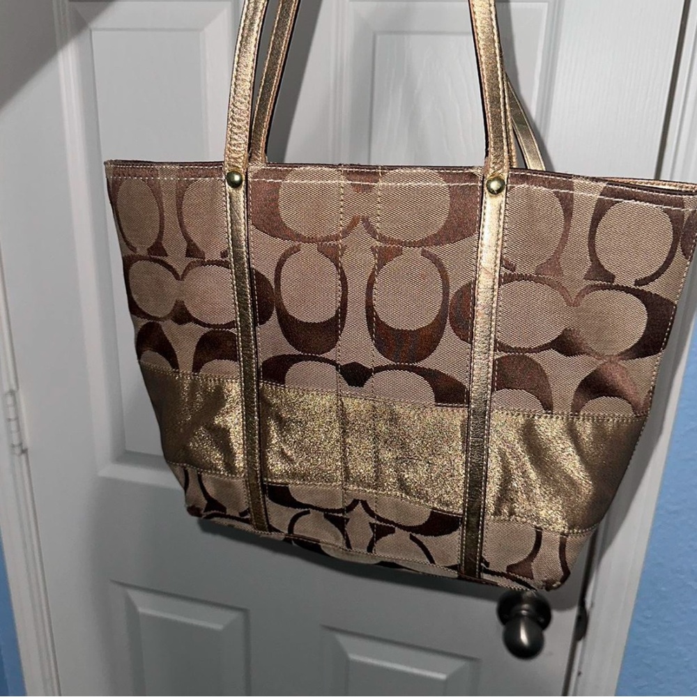 Y2K Coach authentic signature stripe tote handbag metallic copper #G07668-11098